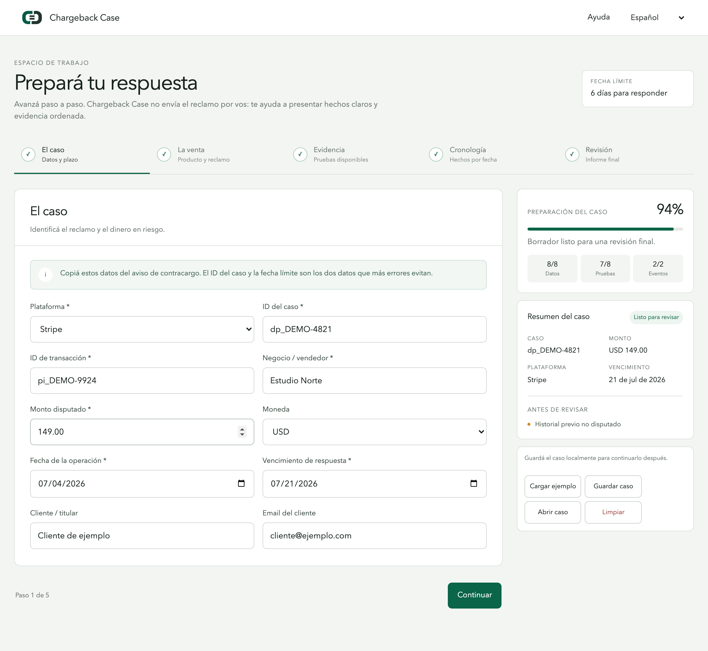 Vista de la aplicación Chargeback Case